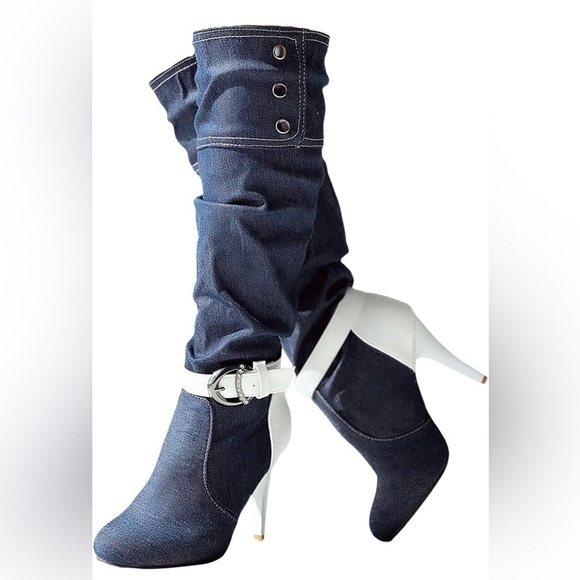 Amazon Shoes - NWOT Stylish Denim and White Heeled Boots